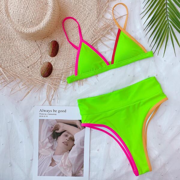 

Neon Lime Contrast Binding Triangle Bikini Swimsuit, Neon lime green