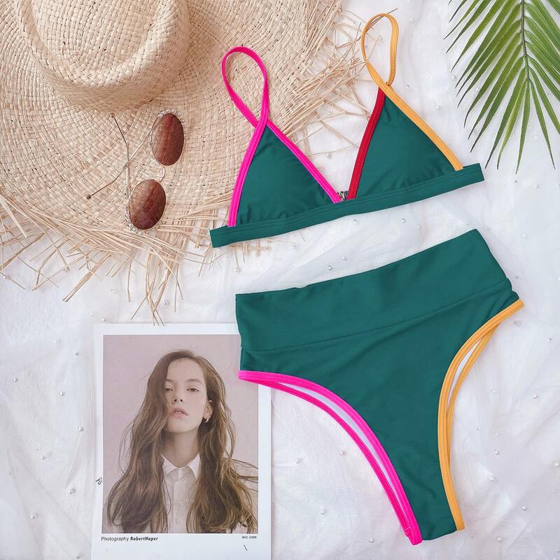 

Contrast Binding Triangle Bikini Swimsuit, Dark green