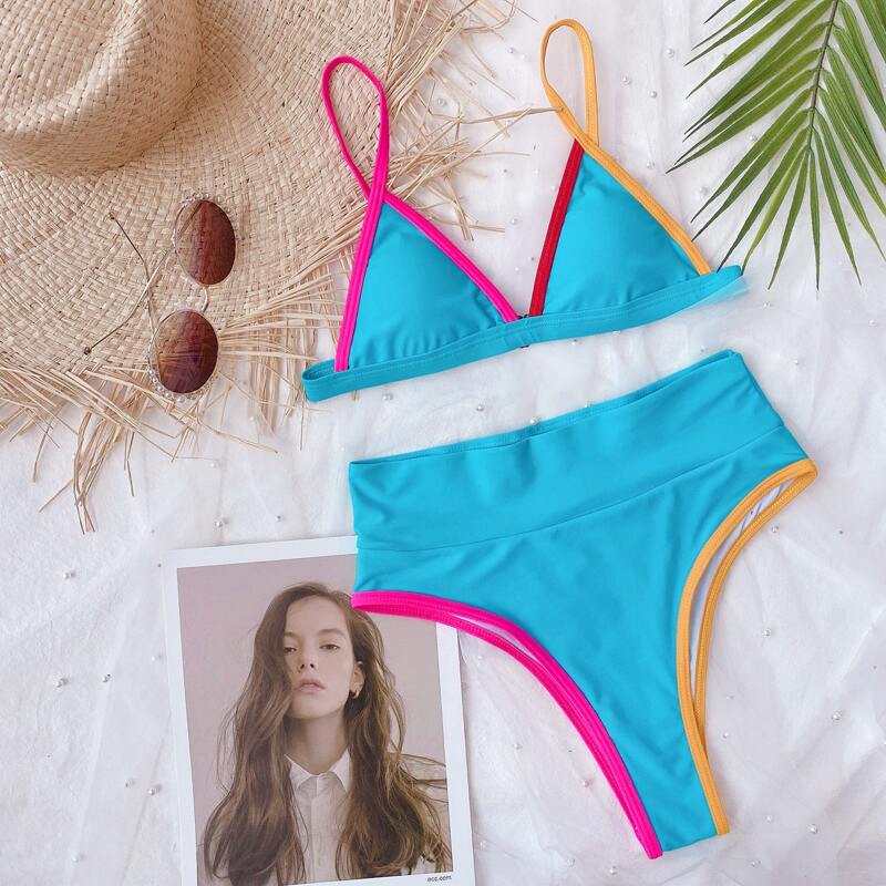 

Contrast Binding Triangle Bikini Swimsuit, Bright mint blue