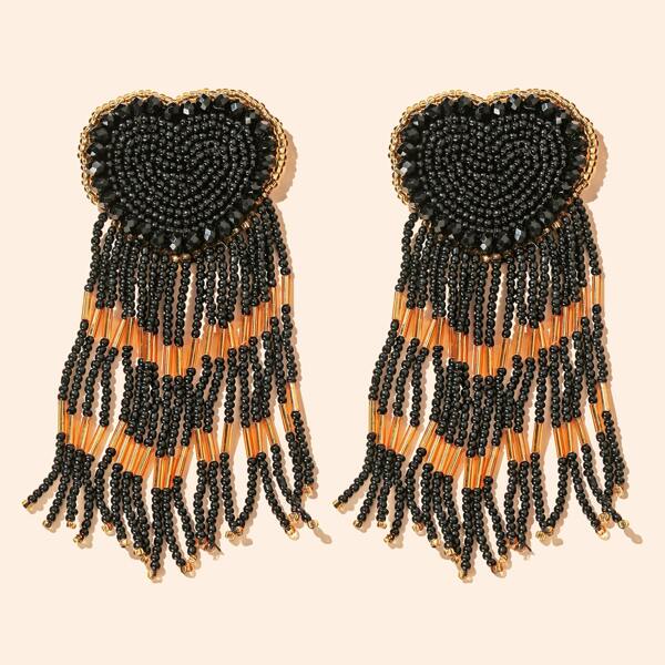 

Heart Shaped Beaded Tassel Drop Earrings, Black