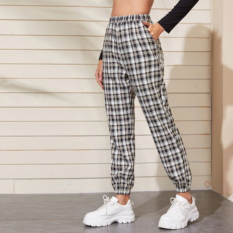 

Tartan Plaid Elastic Waist Carrot Pants, Black and white