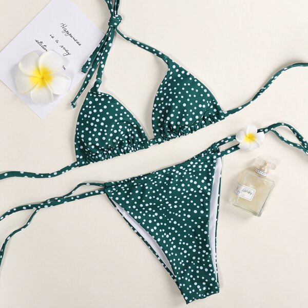 

Polka Dot Triangle Halter Tie Side Bikini Swimsuit, Dark green