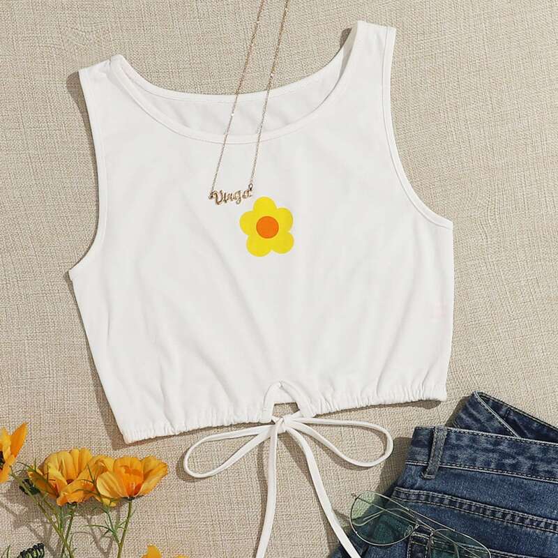 

Drawstring Hem Floral White Tank Top