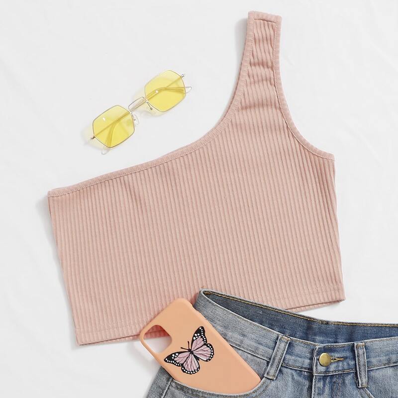 

One Shoulder Rib-knit Crop Top, Pink pastel