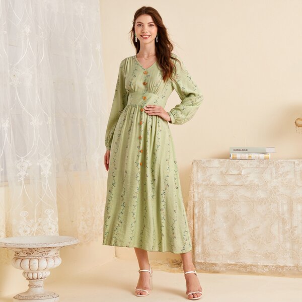 

V-neck Floral Button Front A-line Dress, Mint green