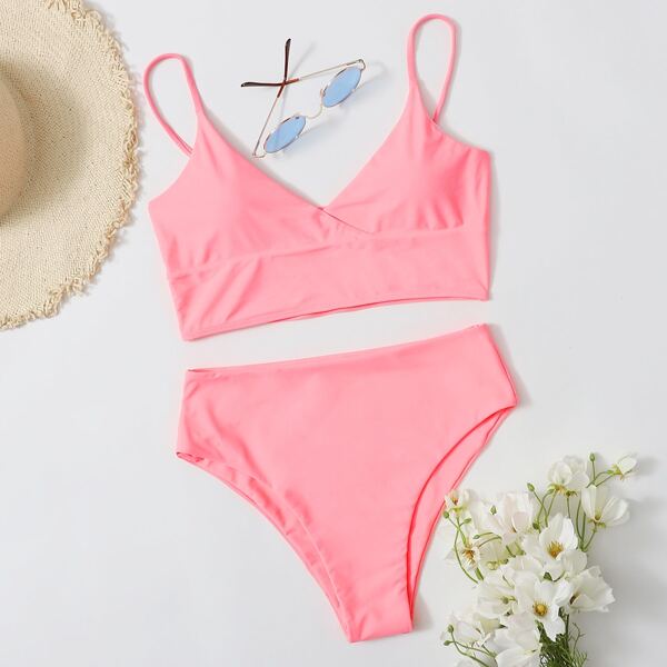 

Surplice Neck High Waisted Bikini Swimsuit, Pink bright