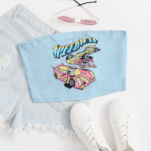 

Car & Letter Graphic Tube Top, Baby blue