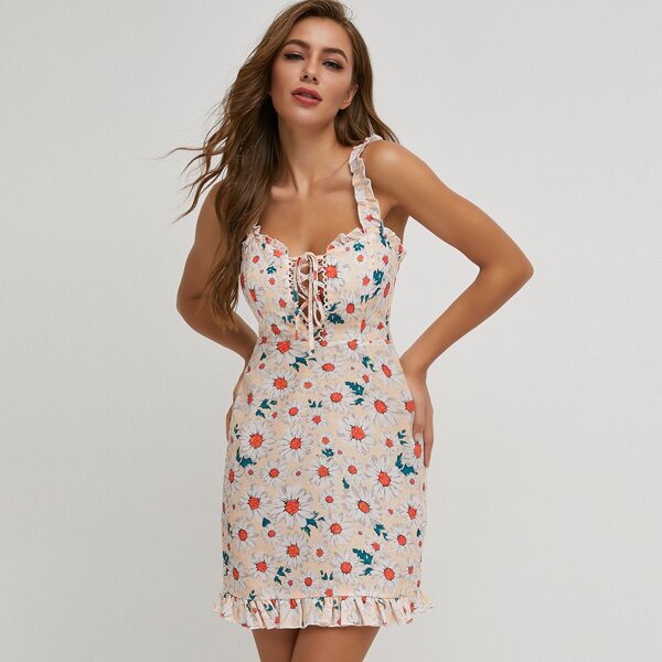 

Frill Trim Lace Up Floral Dress, Multicolor