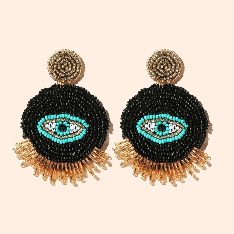 

Round Eye Beaded Statement Earrings, Black