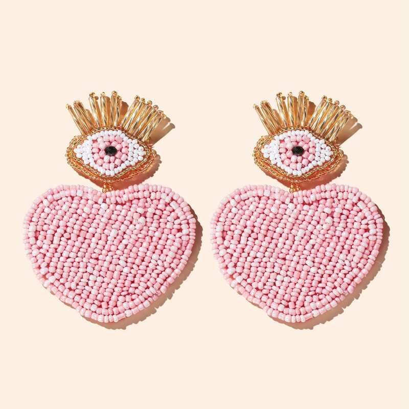

Round Beaded Statement Heart Earrings, Pink