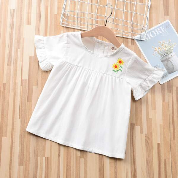 

Toddler Girls Floral Print Flounce Sleeve Blouse, White