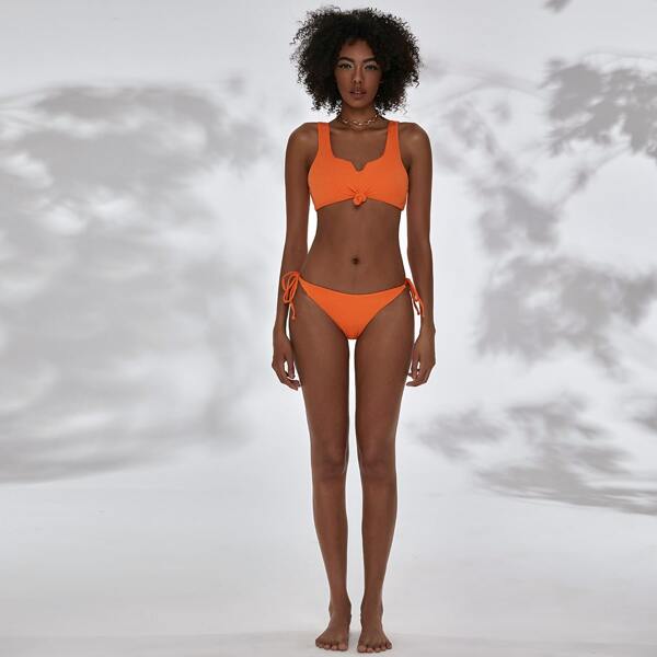 

Rib Knot Hem Tie Side Bikini Swimsuit, Orange bright