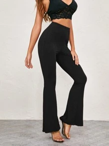 SHEIN Essnce Elastic Waist Rib-knit Flare Leg Pants - Black - View 1