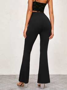 SHEIN Essnce Elastic Waist Rib-knit Flare Leg Pants - Black - View 2