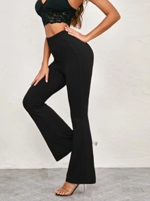 SHEIN Essnce Elastic Waist Rib-knit Flare Leg Pants - Black - View 4