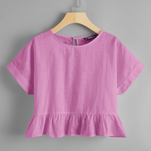 

Keyhole Back Cuffed Sleeve Peplum Top, Purple