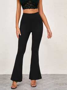 SHEIN Essnce Elastic Waist Rib-knit Flare Leg Pants - Black - View 5