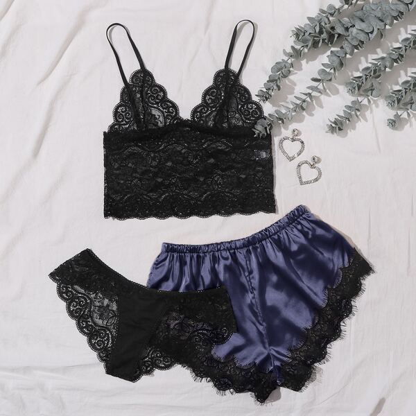 

3pack Floral Lace Lingerie Set With Satin Shorts, Multicolor