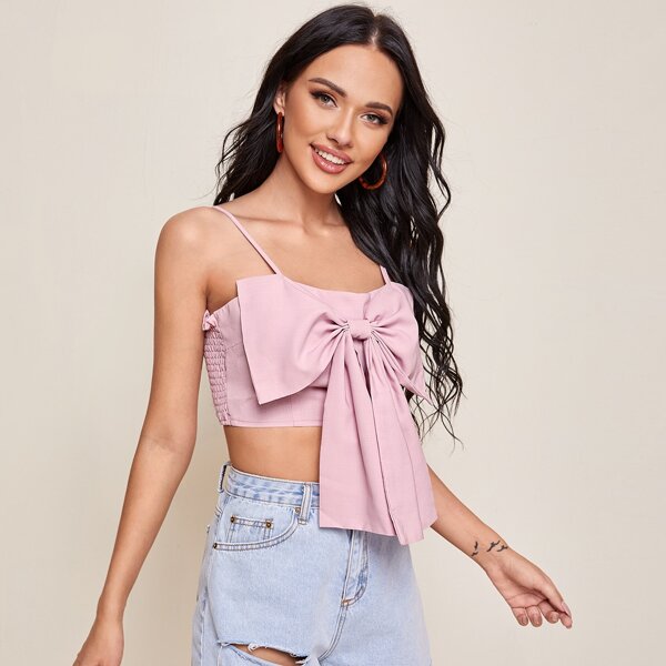 

Big Bow Front Shirred Back Cami Top, Baby pink