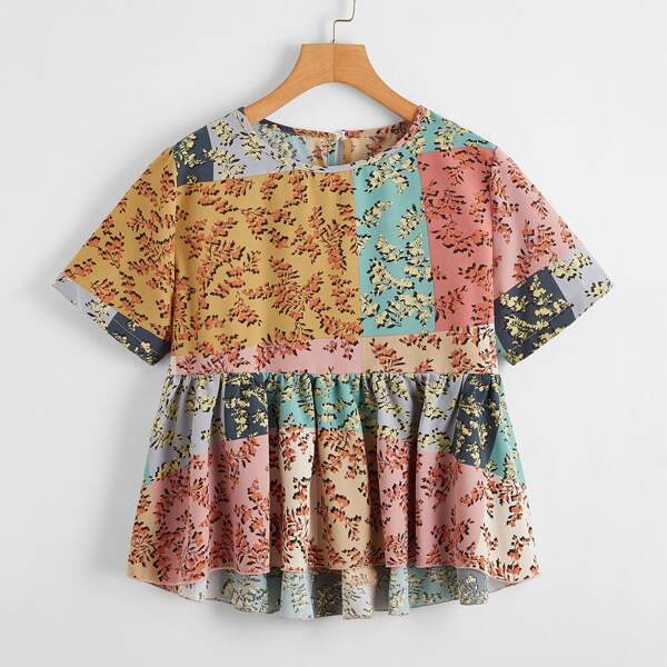 

Plants Print Patchwork Babydoll Blouse, Multicolor