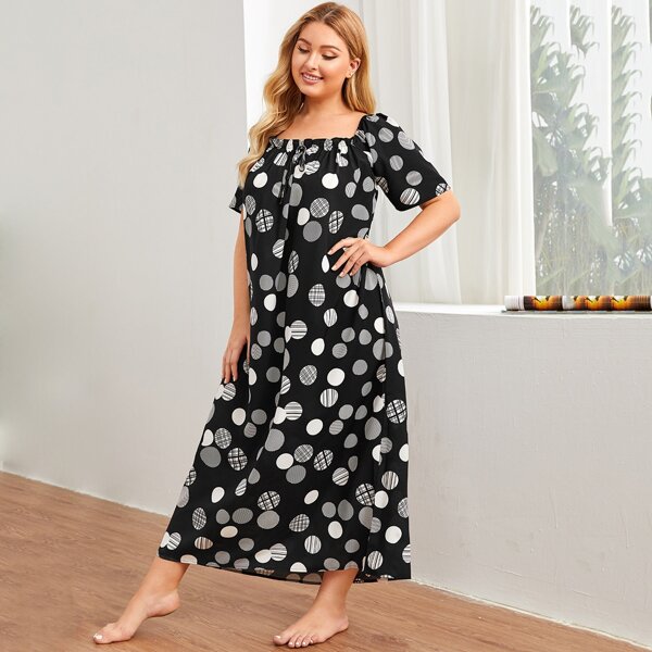 

Plus Knot Front Polka Dot Night Dress, Black