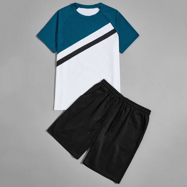 

Men Colorblock Raglan Sleeve Tee & Shorts, Multicolor