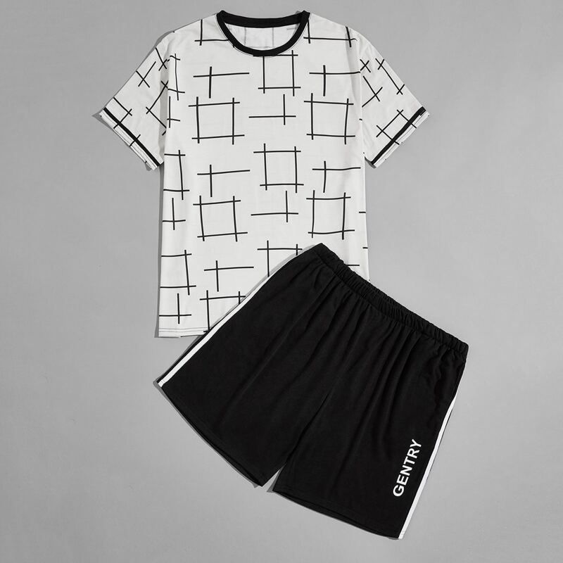 

Guys Geo Print Tee & Letter Graphic Shorts Pajama Set, Black and white