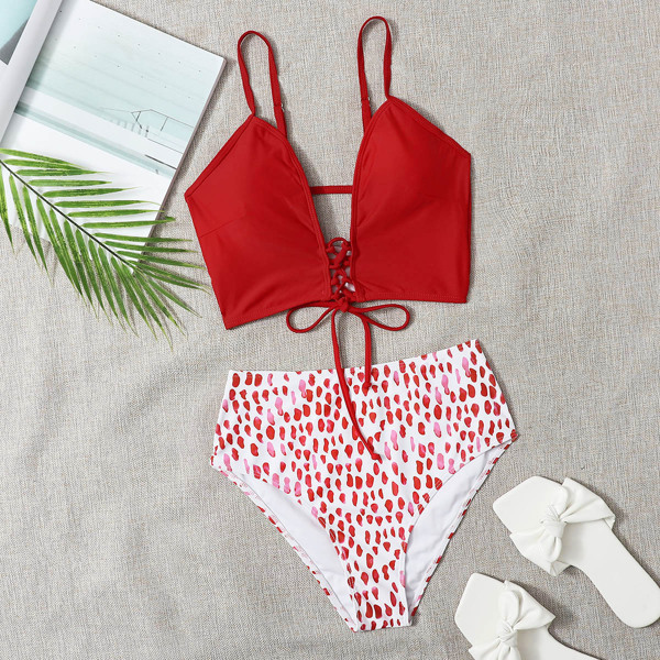

Graphic Print Lace-up Front Bikini Swimsuit, Red and white