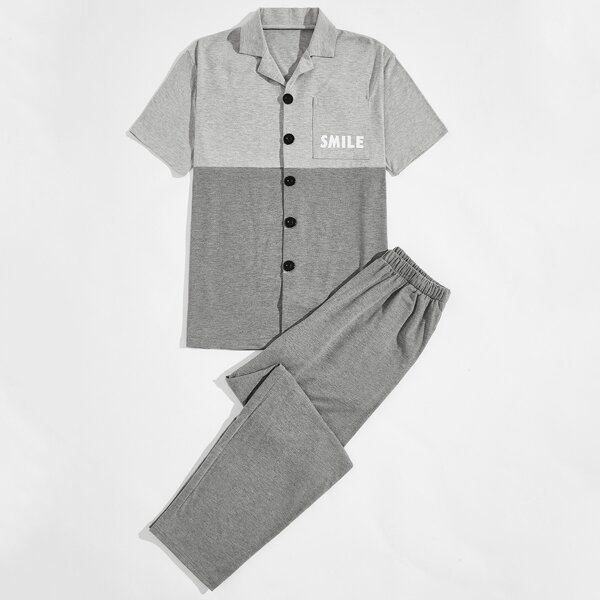 

Men Letter Graphic Colorblock Pajama Set, Grey