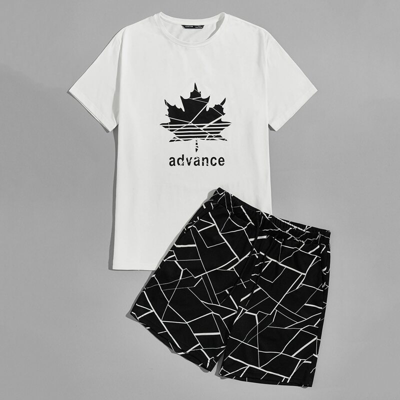 

Guys Letter Graphic Top & Drawstring Waist Geo Shorts Set, Black and white