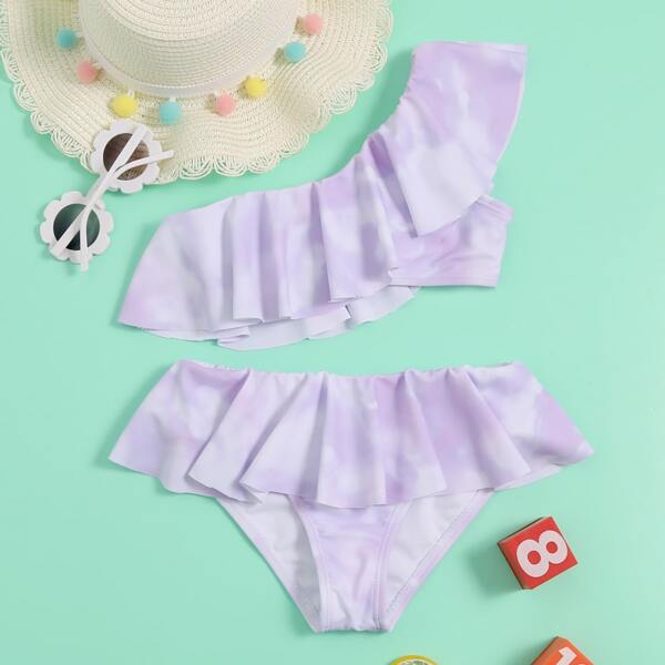 

Toddler Girls Tie Dye Ruffle Bikini Swimsuit, Pastel lilac purple