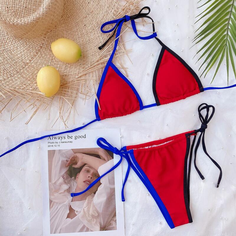 

Contrast Binding Triangle Halter Tie Side Bikini Swimsuit, Red bright