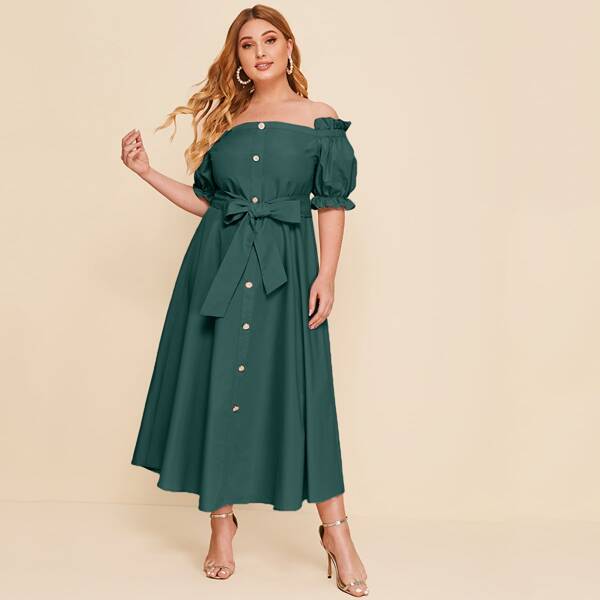 

Plus Button Front Ruffle Trim Puff Sleeve Self Belted Bardot Dress, Dark green