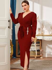Modelyn Plus Surplice Neck Rhinestone Detail Split Hem Belted Dress - Burgundy - View 2