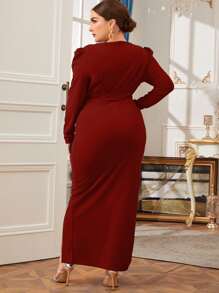 Modelyn Plus Surplice Neck Rhinestone Detail Split Hem Belted Dress - Burgundy - View 3
