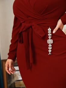 Modelyn Plus Surplice Neck Rhinestone Detail Split Hem Belted Dress - Burgundy - View 4