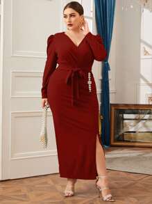 Modelyn Plus Surplice Neck Rhinestone Detail Split Hem Belted Dress - Burgundy - View 5