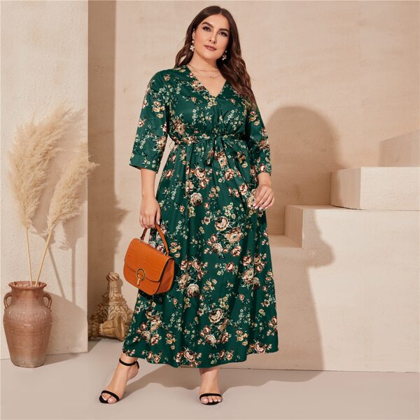

Plus Surplice Neck Self Belted Floral Dress, Dark green