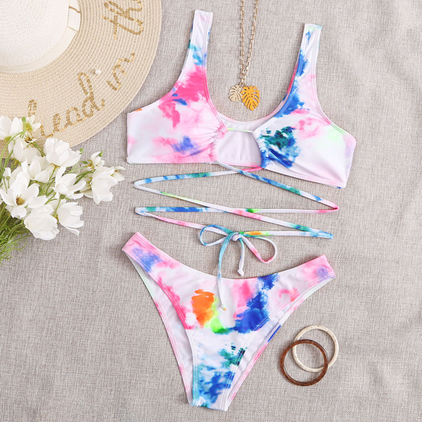 

Tie Dye Criss Cross Bikini Swimsuit, Multicolor