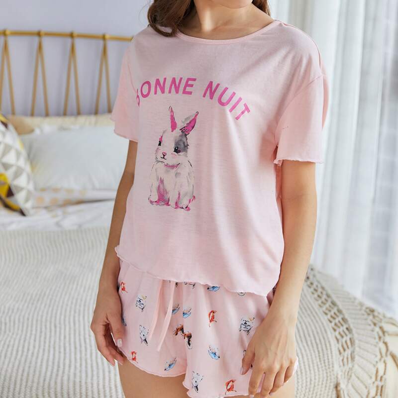 

Cartoon Shorts PJ Set, Baby pink