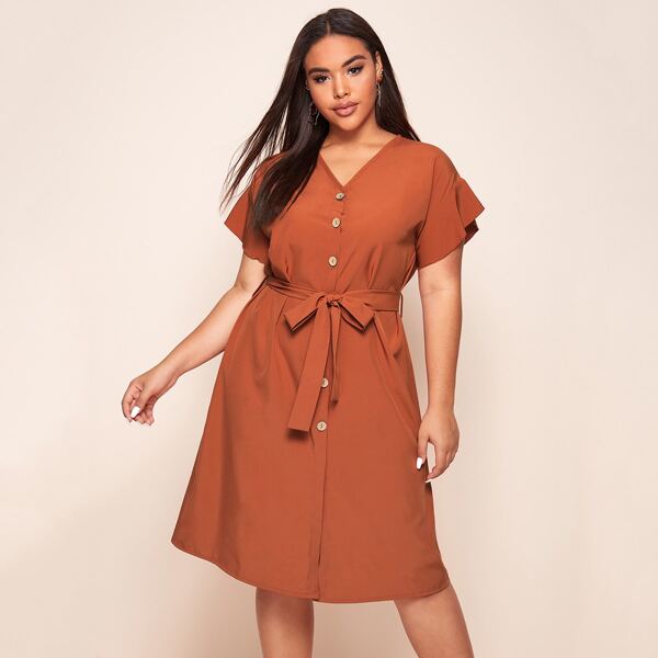

Plus Flounce Sleeve Button Front Belted Dress, Burnt orange