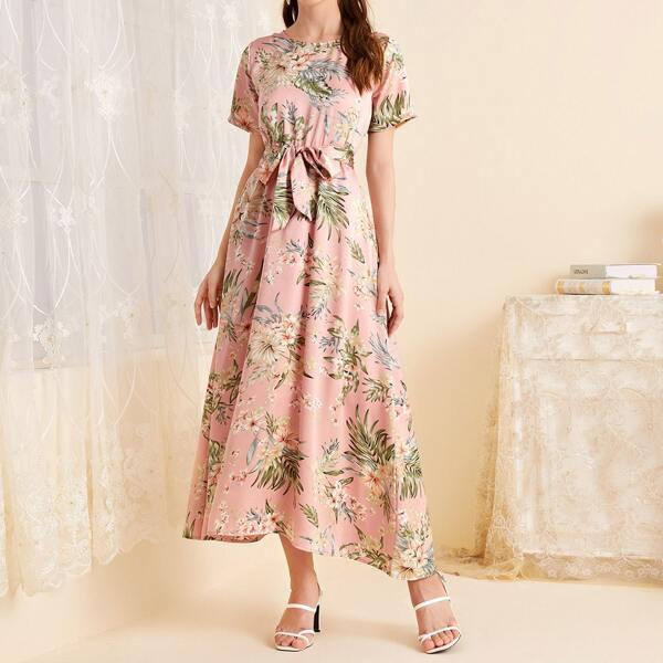 

Floral Self Tie A-line Dress, Multicolor