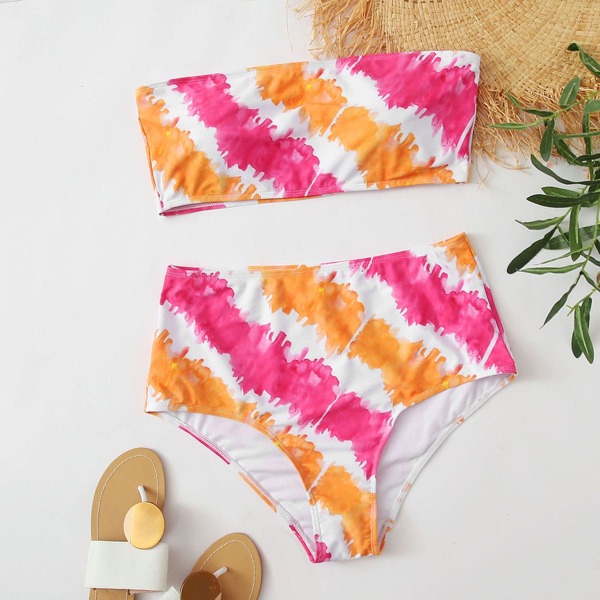 

Plus Tie Dye Bandeau Bikini Swimsuit, Multicolor