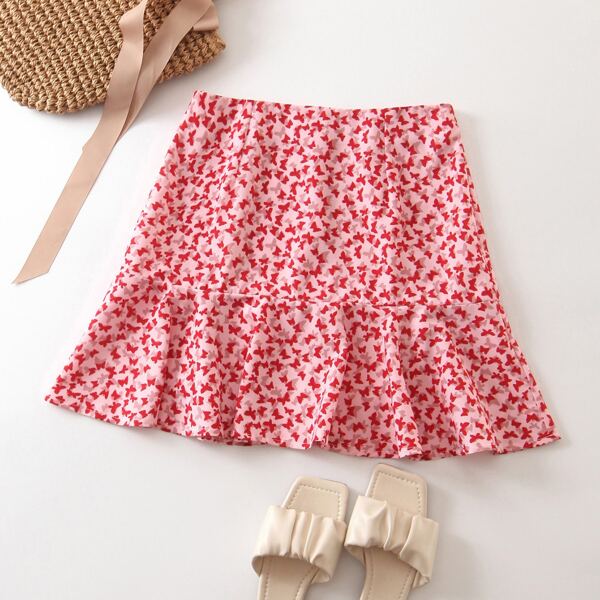 

Allover Print Ruffle Hem Skirt, Pink