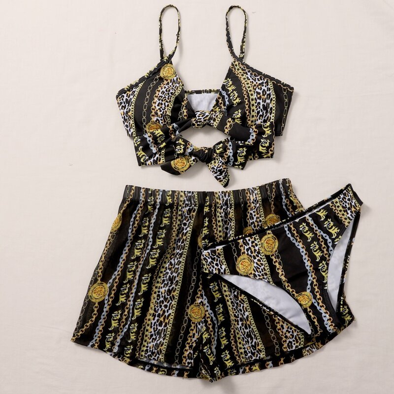 

3pack Chain & Leopard Knot Front Co-ord Bikini Swimsuit, Multicolor