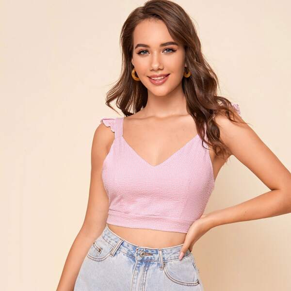 

Tie Backless Ruffle Trim Striped Top, Baby pink
