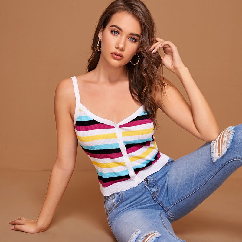 

Button Front Striped Knit Cami Top, Multicolor