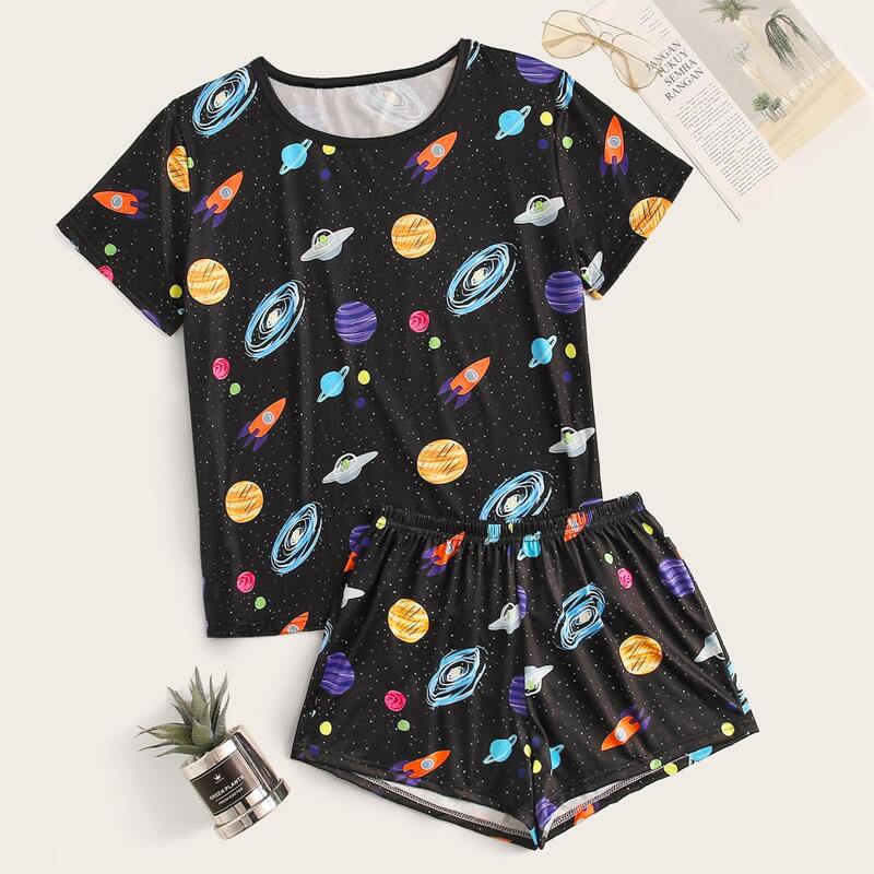 

Galaxy Print Top & Shorts PJ Set, Multicolor