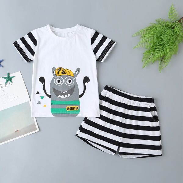 

Toddler Boys Striped And Cartoon Graphic Tee & Shorts, Black and white