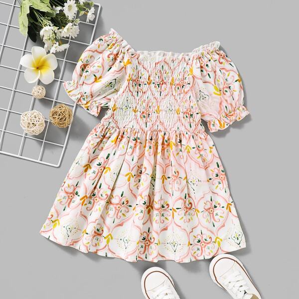 

Toddler Girls Bardot Shirred Tribal Print Flowy Dress, Multicolor